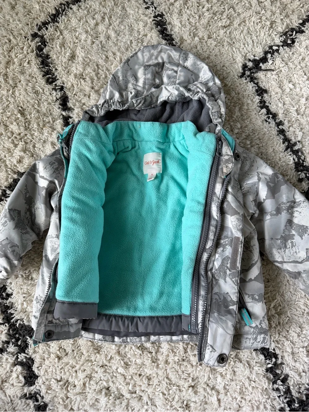 Cat & Jack Grey Patterned Hooded Puffer Jacket 2Y
